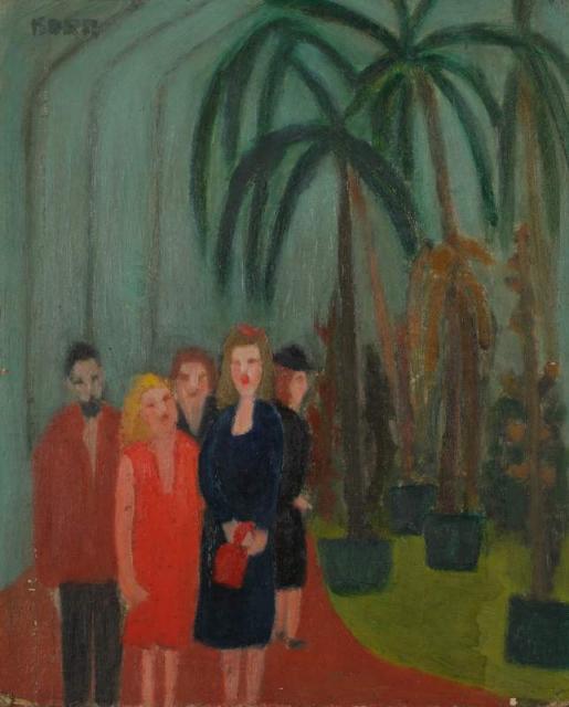 [„W palmiarni”], ok. 1950<br>olej na tekturze<br>38,4 x 31 cm<br>(Wł. MUT)