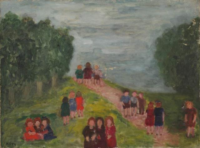 [„Dzieci w parku”], ok. 1950<br>olej na płótnie naklejonym na płytę<br>45 x 61,3 cm<br>(Wł. MUT)