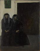 [„Postacie przed domem”], ok. 1958<br>olej na płycie<br>38,4 x 30,5 cm<br>(Wł. MUT)