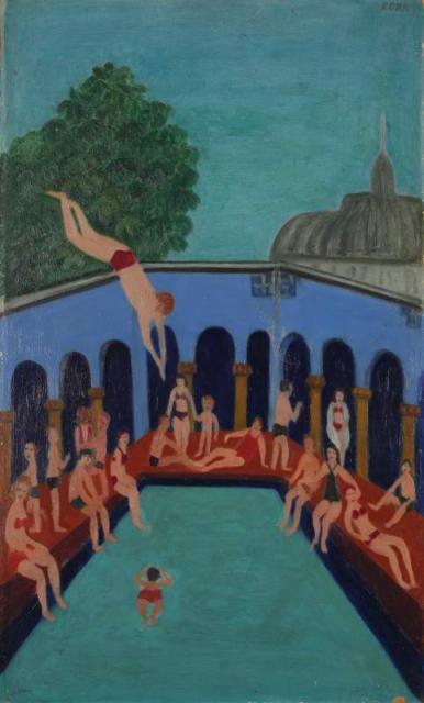 „Pływalnia w Paryżu”,  ok. 1958<br>olej na płycie<br>99 x 60,5 cm<br>(Wł. MUT)