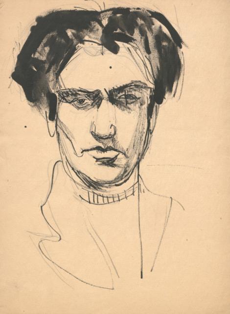 "Autoportret", [b.r.]<br>tusz, ołówek, papier<br>40 x 30 cm<br>(Wł. prywatna)
