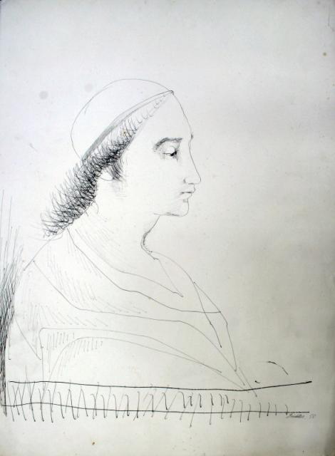 „Mężczyzna w opasce, Anglia, 1950<br>papier, tusz<br>50,9 x 36,2 cm<br>(Wł. MUT)