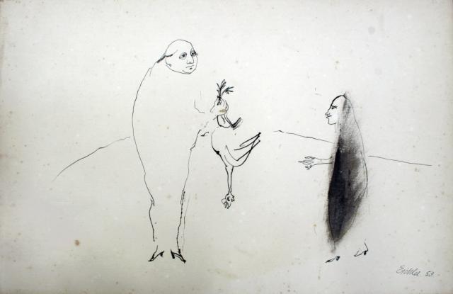 „Caldo de gallina - Maximo Paz”, Argentyna, 1953<br>papier, tusz, tusz lawowany<br>32,4 x 49,5 cm<br>(Wł. MUT)