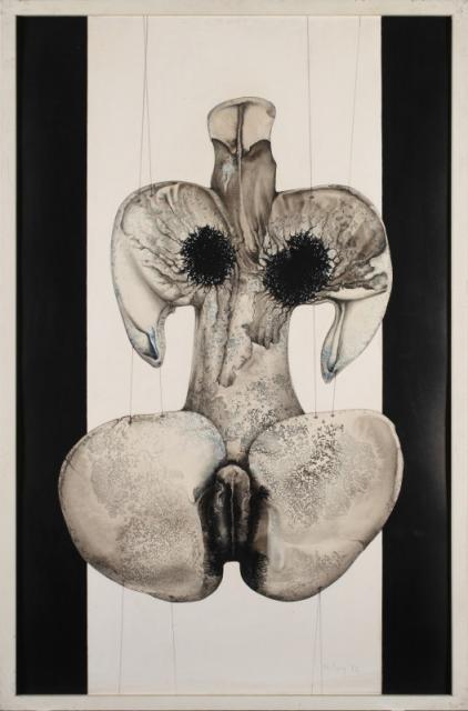 "Kobieta zawieszona", 1972<br>technika mieszana, karton na tekturze<br>100 x 65 cm <br>(Wł. prywatna)