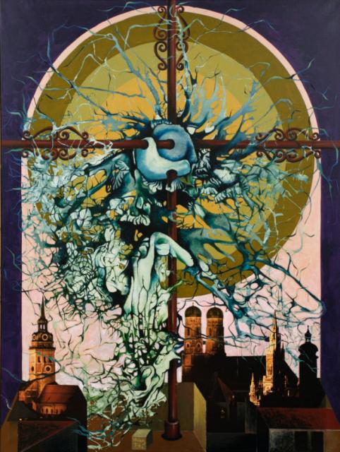 "Monachium", 1974<br>olej, kolaż, płótno<br>160 x 120 cm<br>(Wł. prywatna) 