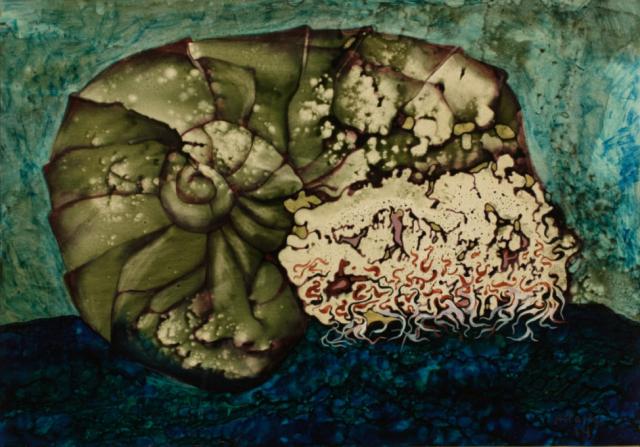 "Ślimak I", 1974<br>olej, karton na płycie<br>43,5 x 62 cm<br>(Wł. prywatna) 