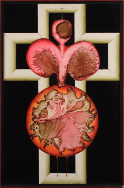 "Czerwona postać zawieszona na krzyżu", 1969<br>olej, karton na płycie<br>100 x 65 cm <br>(Wł. prywatna)