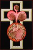 "Czerwona postać zawieszona na krzyżu", 1969<br>olej, karton na płycie<br>100 x 65 cm <br>(Wł. prywatna)