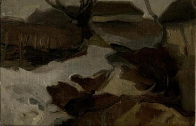 Ostatni śnieg na drodze”, 1932<br>olej na papierze<br>15,3 x 23 cm<br>(Wł. MUT)