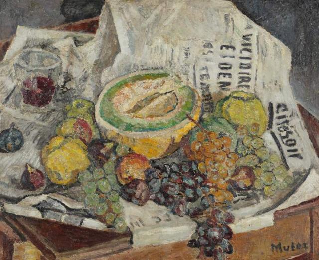„Martwa natura z gazetą”, ok. 1920<br>olej na sklejce<br>43,5 x 53,5 cm