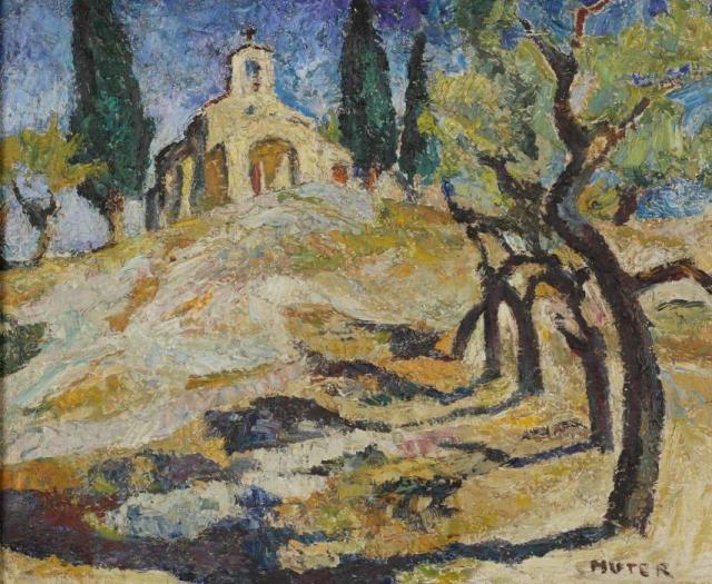 „Pejzaż prowansalski z kapliczką”, ok. 1940-1945<br>olej na sklejce<br>43,5 x 53,5 cm