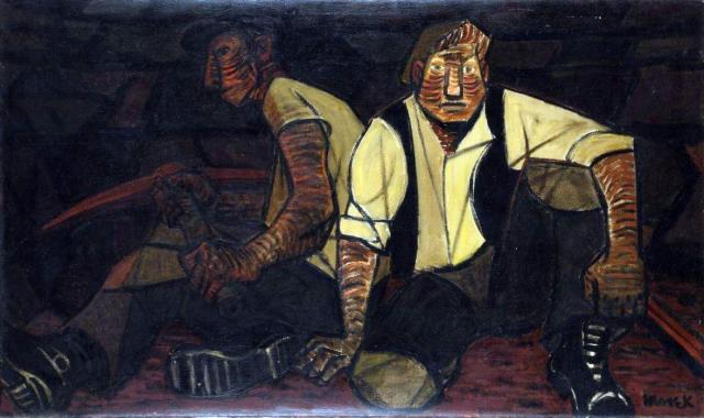 „Odpoczynek w kopalni”, 1949<br>olej na płótnie<br>75,5 × 126,5 cm