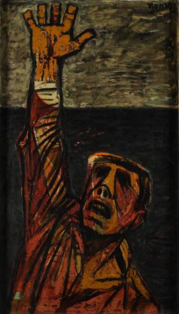 „Zatrzymaj się nim będzie za późno” / „Stop before it’s too late”, 1958<br>olej na płycie pilśniowej<br>122 × 68 cm