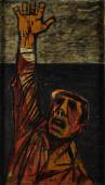 „Zatrzymaj się nim będzie za późno” / „Stop before it’s too late”, 1958<br>olej na płycie pilśniowej<br>122 × 68 cm