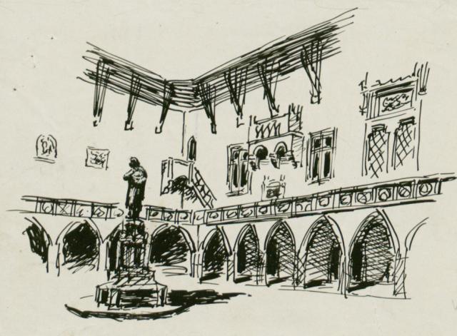 „Dziedziniec Collegium Maius UJ” -  ilustracja do książki „Poland”, 1942<br>tusz czarny na papierze<br>(Wł. MUT)
