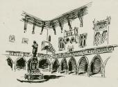 „Dziedziniec Collegium Maius UJ” -  ilustracja do książki „Poland”, 1942<br>tusz czarny na papierze<br>(Wł. MUT)
