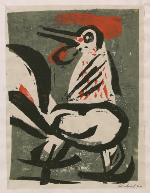 „Kogut”, 1960<br>guma (stan I)<br>32 x 24 cm<br>(Wł. MUT)