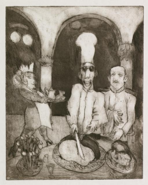 „The Carvery (Royal Commonwealth Club)” z cyklu „Erotomachia”, 1992<br>sucha igła, akwatinta<br>37 x 30 cm<br>(Wł. MUT)