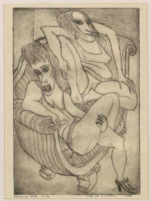 „Two on a sofa” (Girls on sofa), 1994<br> sucha igła, akwaforta (stan I)<br>29 x 19 cm<br>(Wł. MUT)