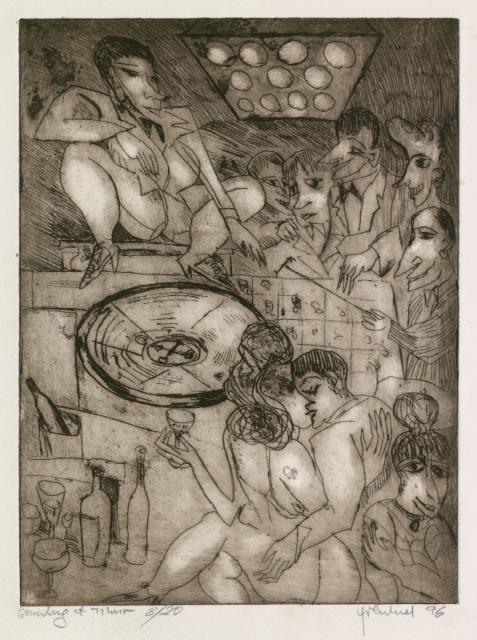 „Gambling”, 1996<br>sucha igła, akwaforta<br>39 x 29 cm<br>(Wł. MUT)