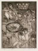 „Gambling”, 1996<br>sucha igła, akwaforta<br>39 x 29 cm<br>(Wł. MUT)
