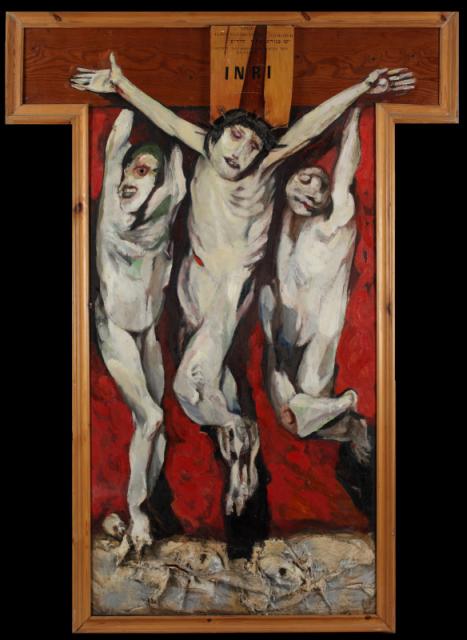 „Crucifixion”, 1955-1965<br>olej na płycie pilśniowej, deska<br>175,5 x 74 cm<br>(Wł. MUT)
