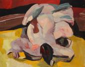 „Wrestlers on yellow floor”, 1965-1995<br>olej na płycie pilśniowej<br>94,5 x 122 cm<br>(Wł. MUT)