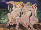 „Sunbathers 60s” („Nudes on deck chairs”), 1969<br>olej na płycie pilśniowej<br>91 x 121 cm<br>(Wł. MUT)