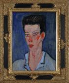 „Kubek Weisman pianist”, 1970-1995<br>olej na tekturze<br>41 x 29,5 cm<br>(Wł. MUT)