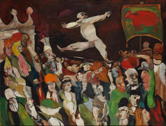 „Tight rope with red banner” („Linoskoczek”), 1971-1975<br>olej na płótnie<br>122 x 162 cm<br>(Wł. MUT)