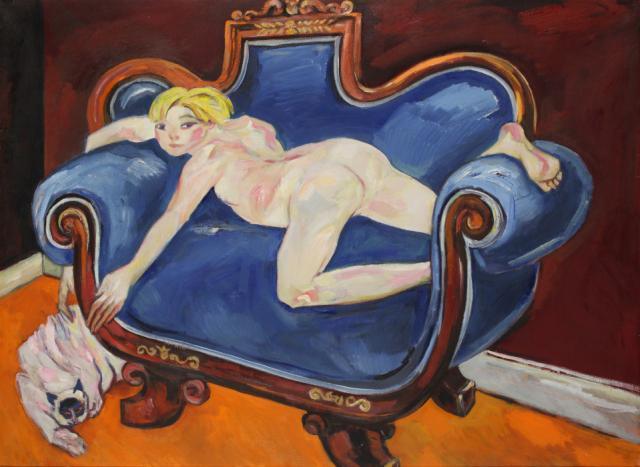 „Debbie on blue sofa with cat”, 1983<br>olej na płótnie<br>91 x 121 cm<br>(Wł. MUT)