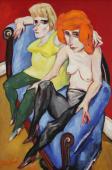 „Two girls caressing on blue sofa”, 1989<br>olej na płótnie<br>91 x 60,5 cm<br>(Wł. MUT)