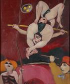 „Trapeze artists”, 1995<br>olej na tekturze<br>60,5 x 50,5 cm<br>(Wł. MUT)